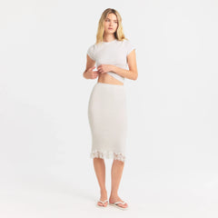 RIB KNIT LACE MIDI SKIRT | EGRET
