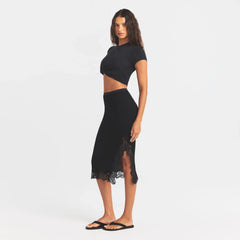 RIB KNIT LACE MIDI SKIRT | OBSIDIAN
