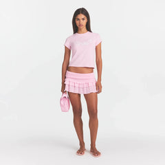 SHEER KNIT RUFFLE MINI SKIRT | PEONY