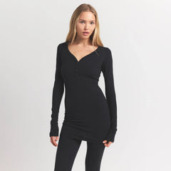 WOOL RIB HENLEY DRESS | OBSIDIAN