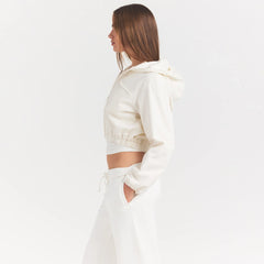 WOVEN COTTON CROPPED ZIP UP JACKET | EGRET