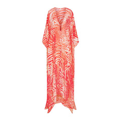 SWIM COVER-UPS SHEER LONG KAFTAN | CARMINE ZEBRA PRINT
