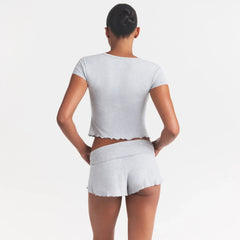 SKIMS SLEEP HENLEY AND FOLDOVER SHORT SET | LIGHT HEATHER GREY