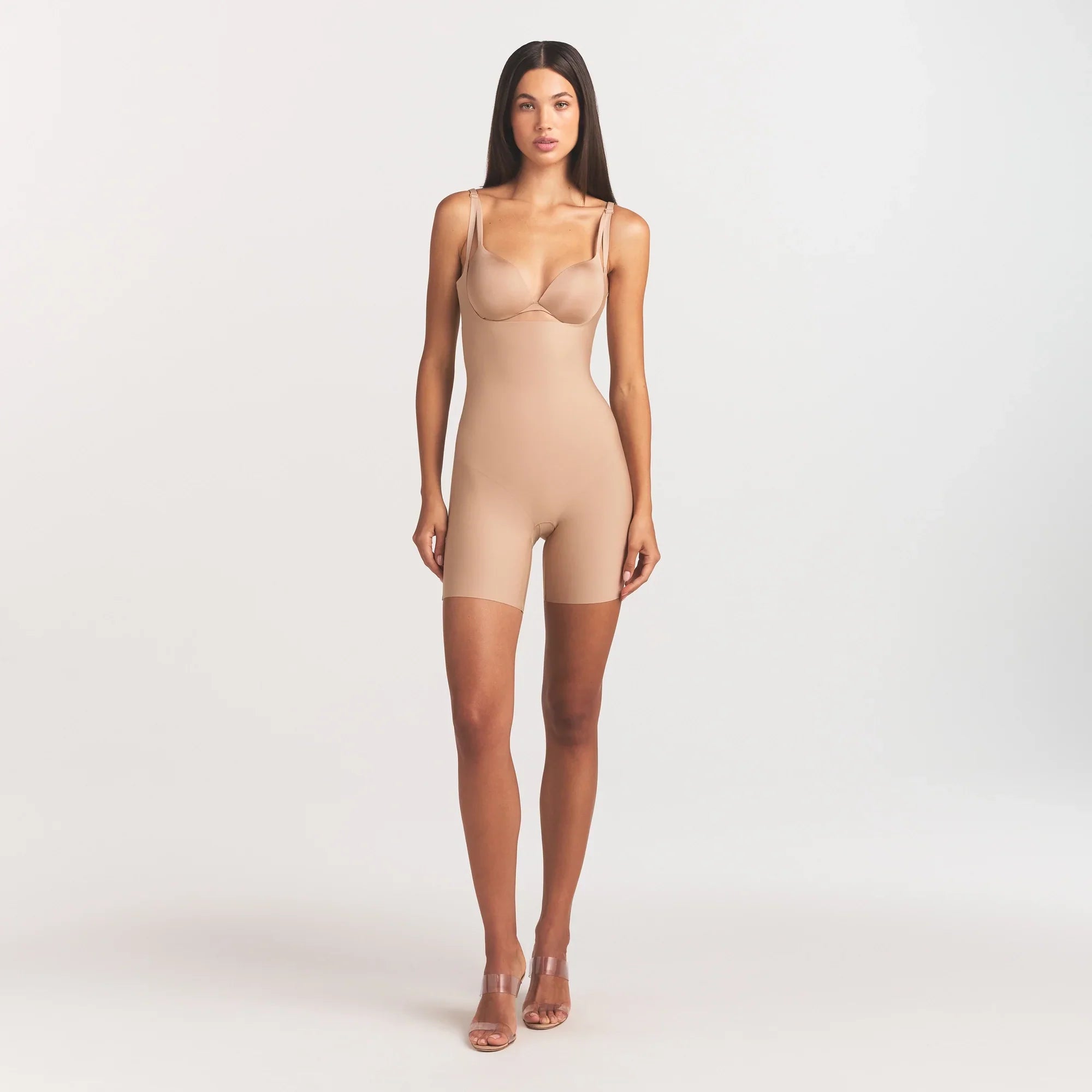 SKIMS BODY CORE SCULPT BACK SMOOTHING OPEN BUST MID THIGH BODYSUIT | CLAY