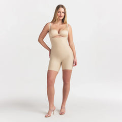 SKIMS BODY CORE SCULPT BACK SMOOTHING OPEN BUST MID THIGH BODYSUIT | SAND