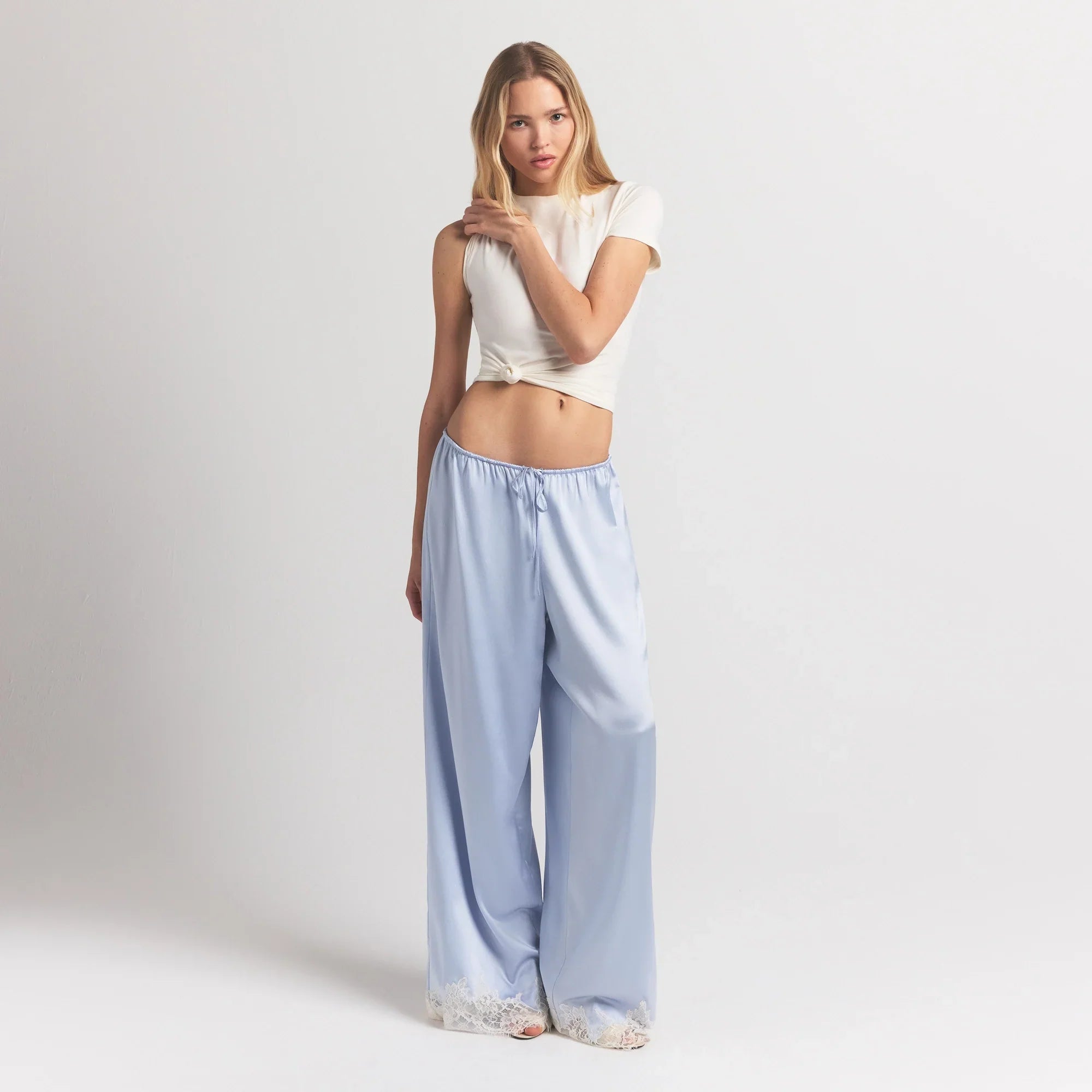 SILK LACE STRAIGHT LEG PANT | PERIWINKLE CONTRAST