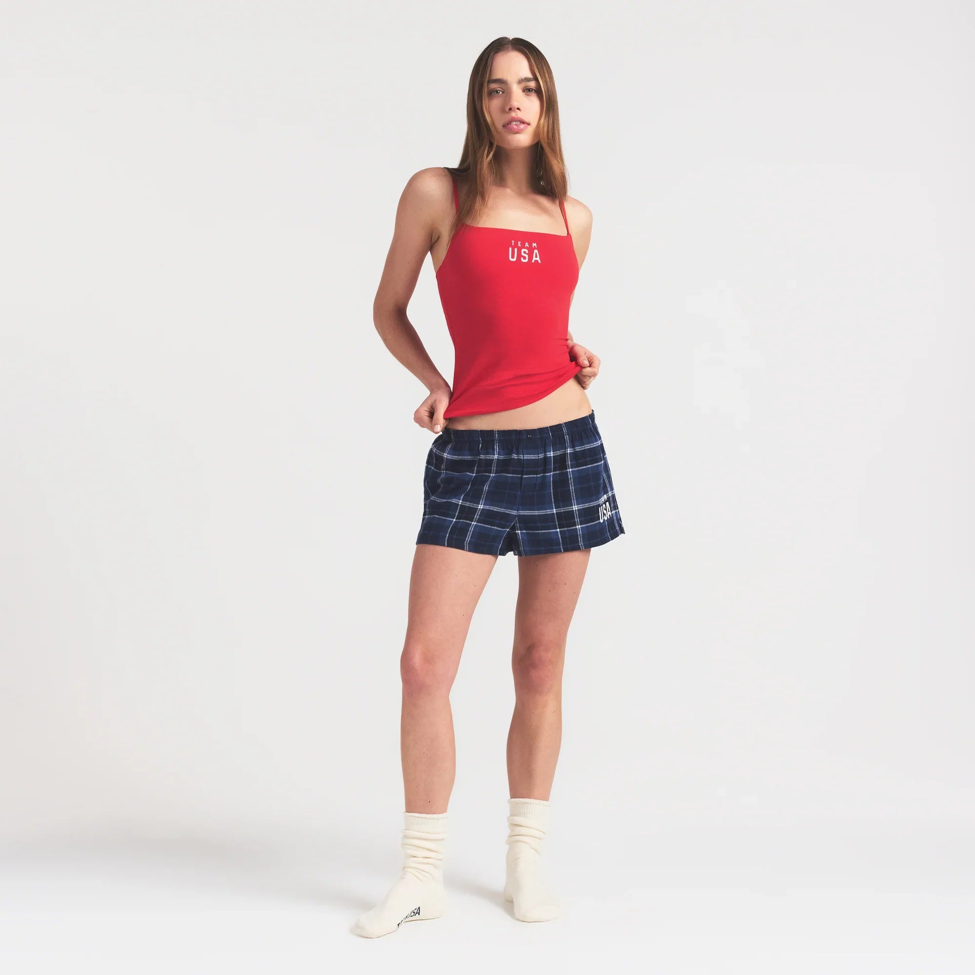 SKIMS FOR TEAM USA FLANNEL SLEEP OLYMPIC SHORT | NAVY PLAID