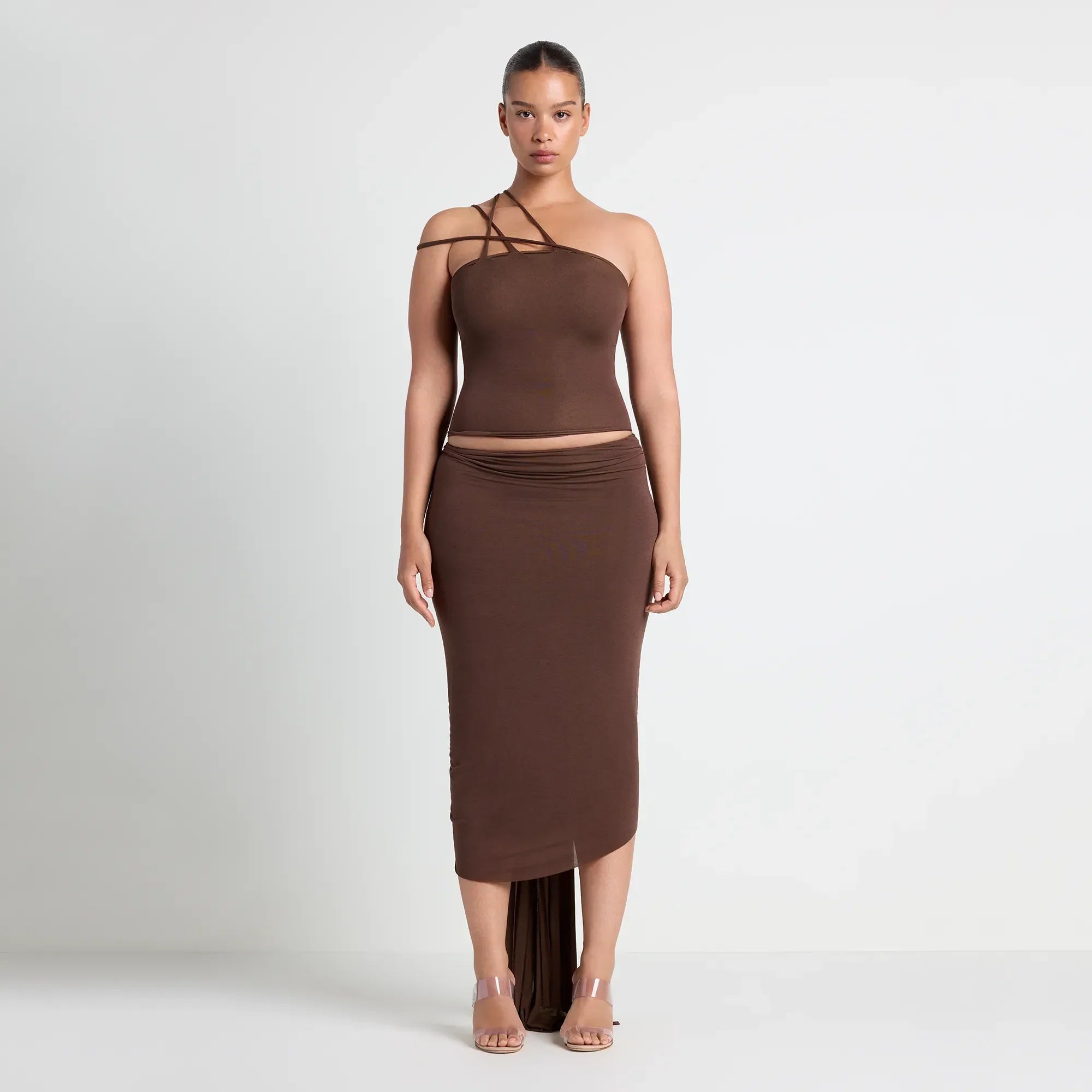 VETTESE X SKIMS SHEER MODAL DRAPED MIDI SKIRT  | COCOA