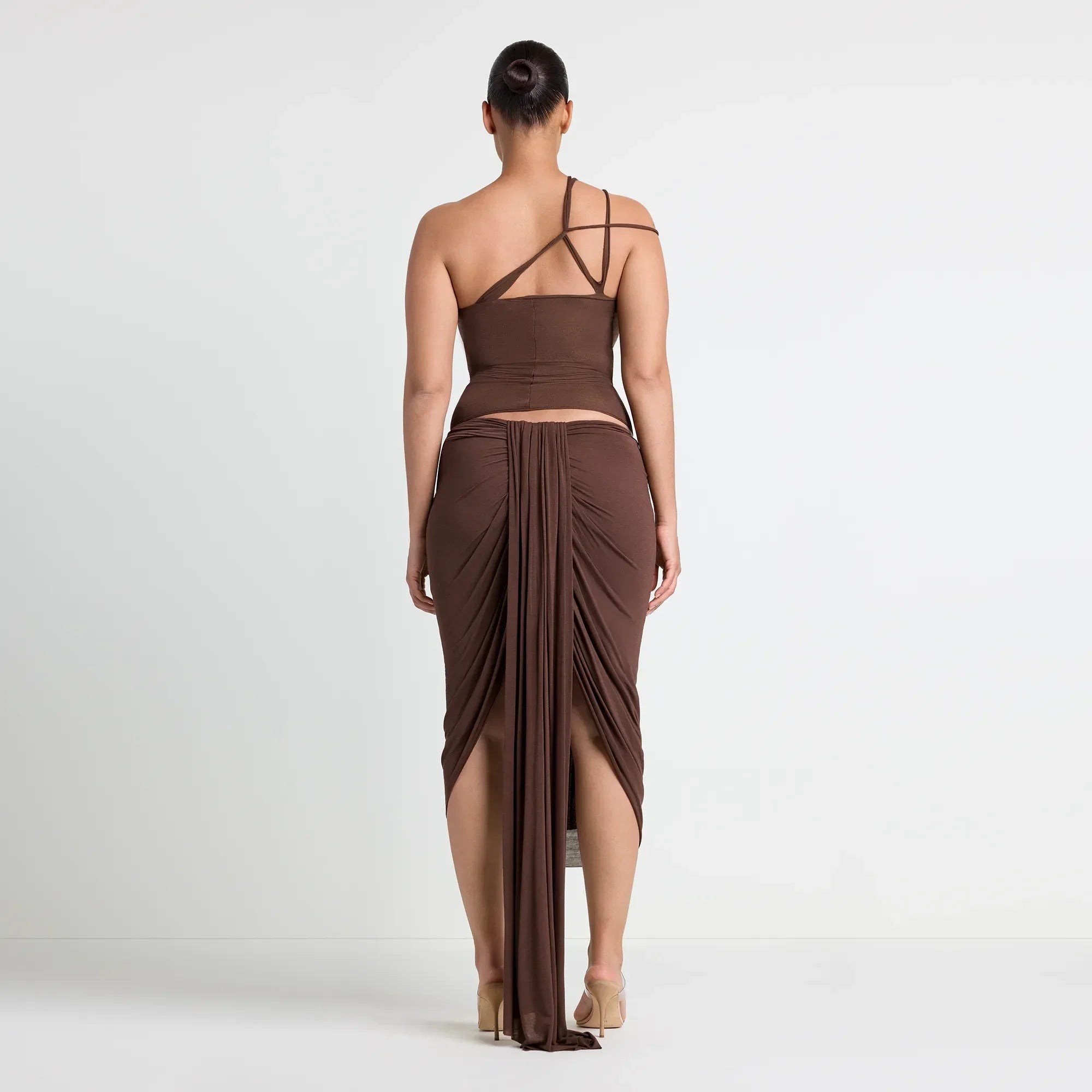 VETTESE X SKIMS SHEER MODAL DRAPED MIDI SKIRT  | COCOA