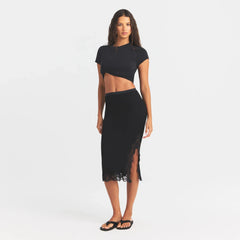 RIB KNIT LACE MIDI SKIRT | OBSIDIAN