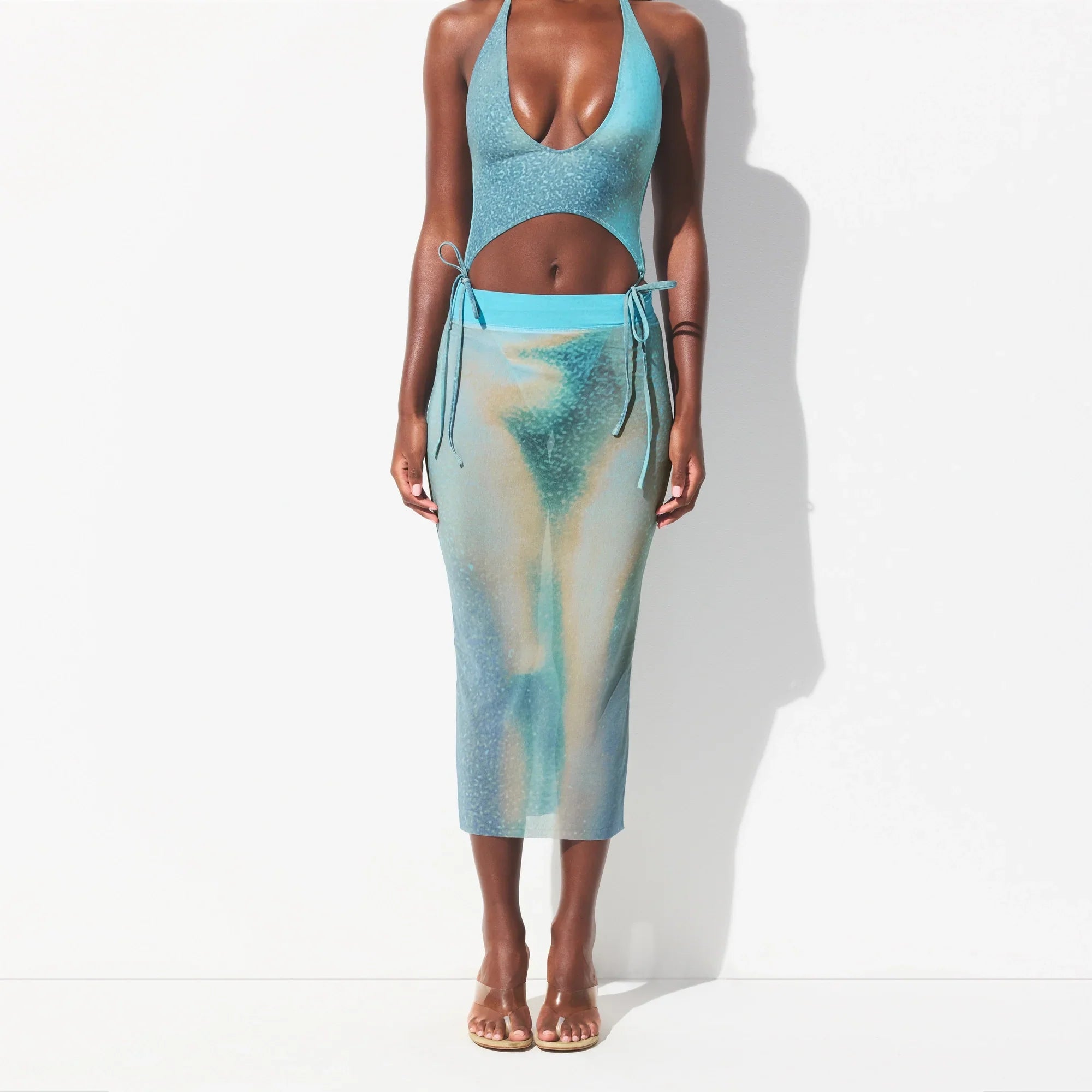 MESH COVER-UPS MIDI SKIRT | CYAN FK BODY PRINT