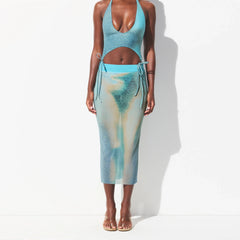 MESH COVER-UPS MIDI SKIRT | CYAN FK BODY PRINT