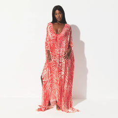 SWIM COVER-UPS SHEER LONG KAFTAN | CARMINE ZEBRA PRINT