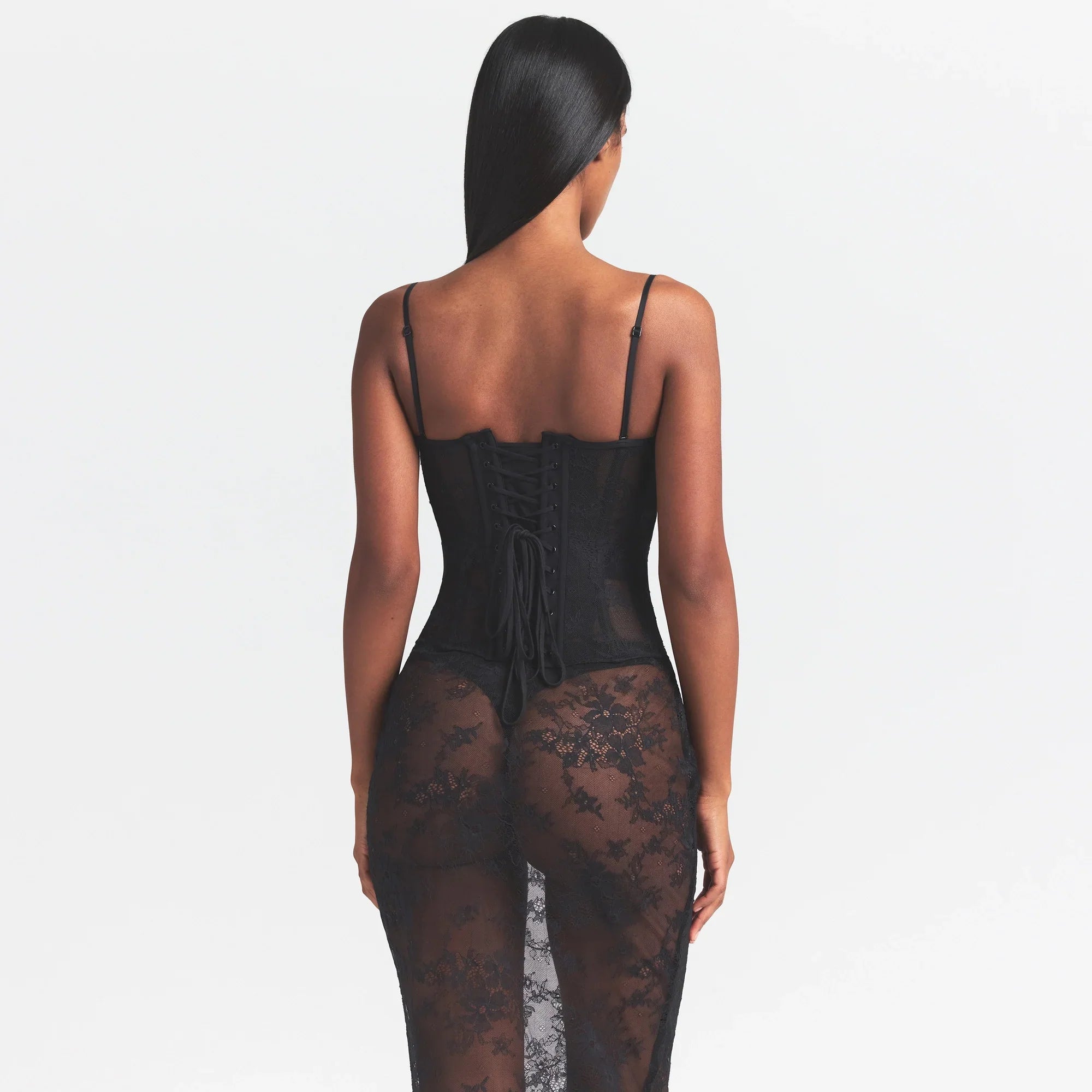 ULTRA FINE LACE STRAPLESS CORSET LONG DRESS | ONYX