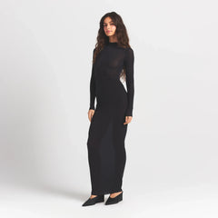 MILKY SHEER MOCK NECK LONG SLEEVE LONG DRESS | OBSIDIAN