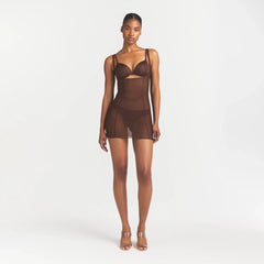 POWER MESH SHAPEWEAR OPEN BUST SLIP DRESS | COCOA