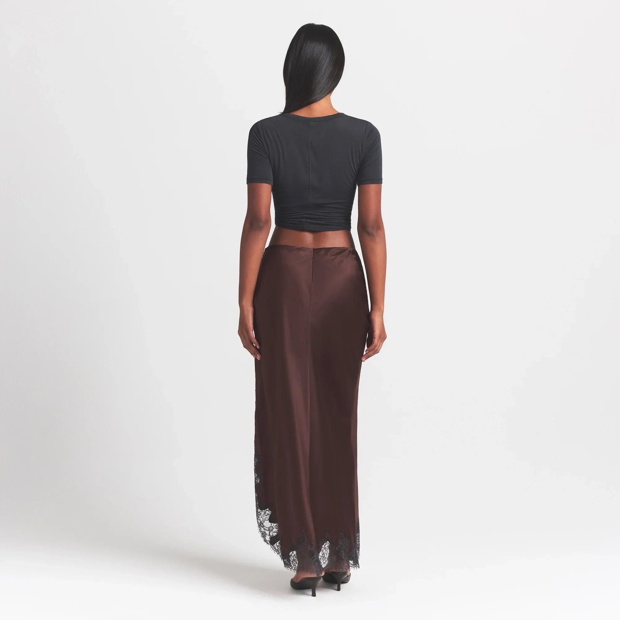 SILK LACE SLIP MIDI SKIRT | ESPRESSO CONTRAST