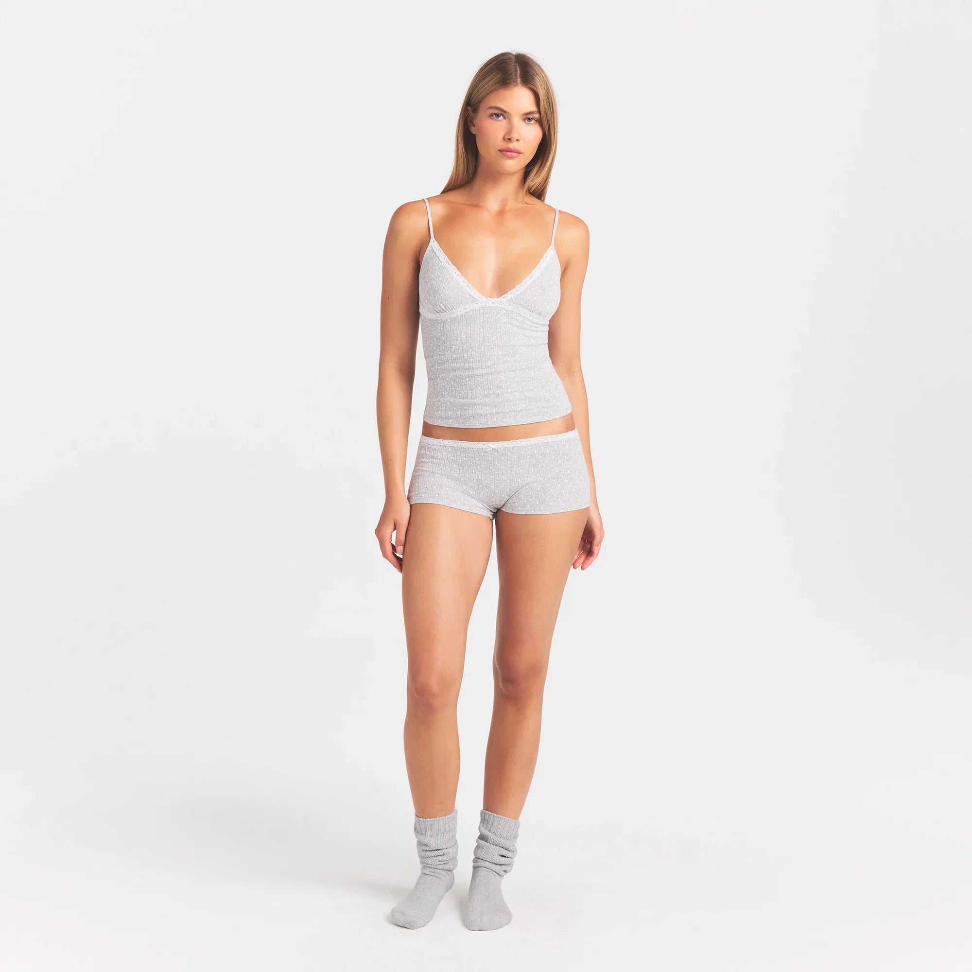 LIGHTWEIGHT COTTON POINTELLE LACE CAMI AND BOY SHORT SET | LIGHT HEATHER GREY PIN DOT