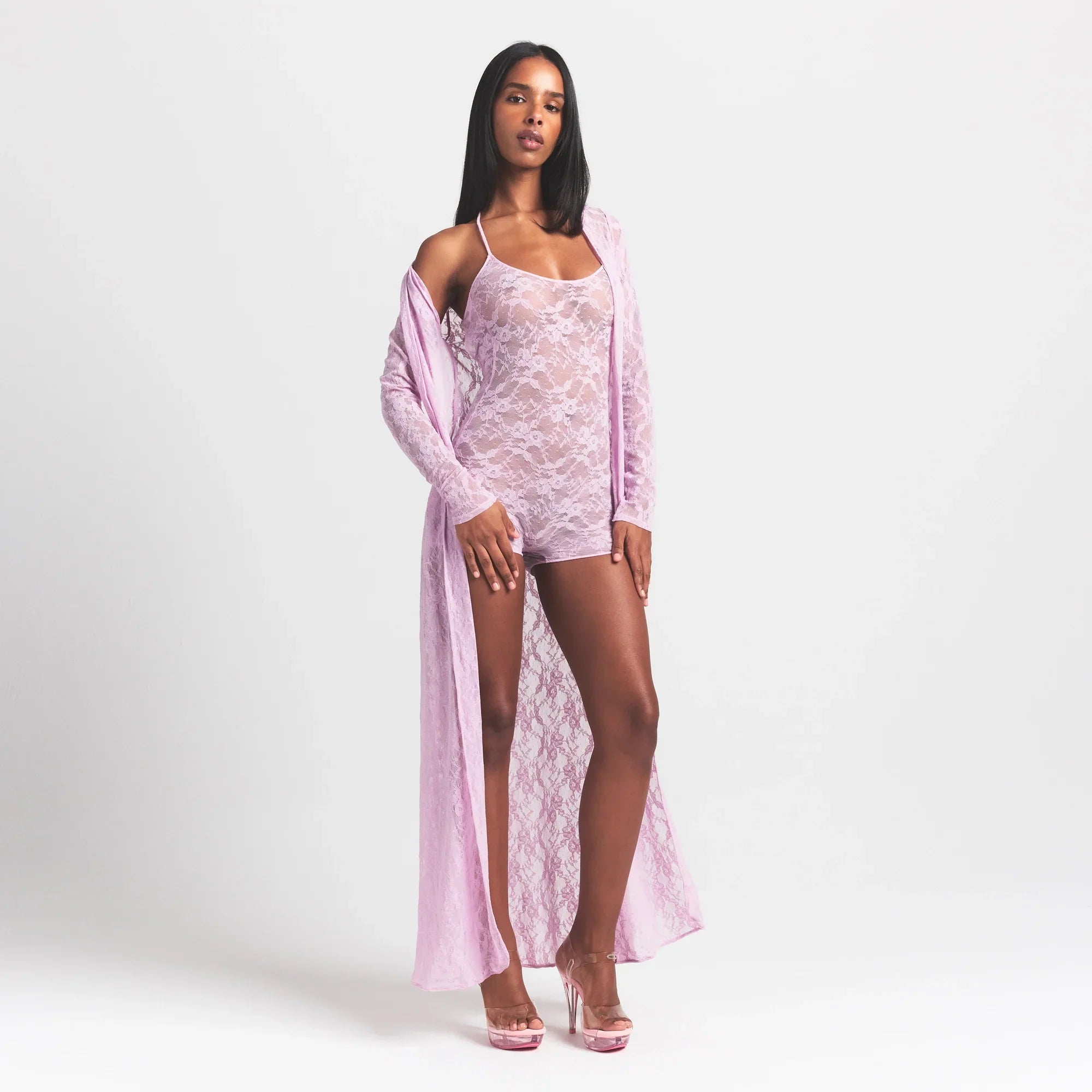 STRETCH LACE LONG ROBE | BABY PINK