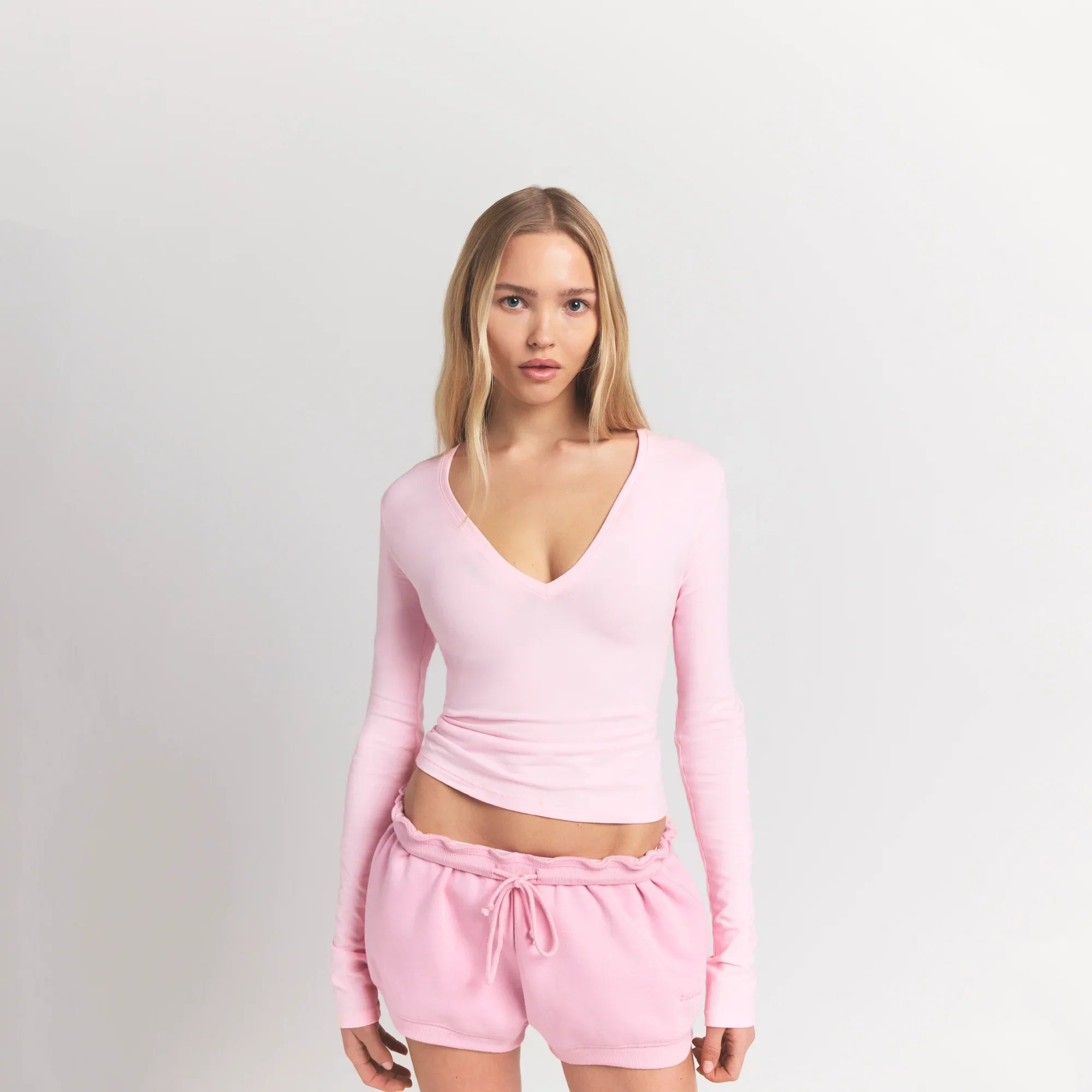COTTON JERSEY LONG SLEEVE PLUNGE TOP | CHERRY BLOSSOM