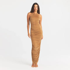CUPRO JERSEY RUCHED LONG DRESS | ALMOND