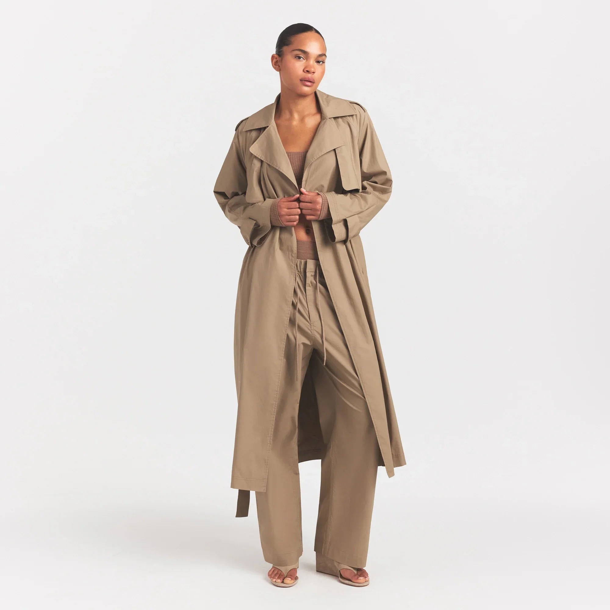 WOVEN COTTON OVERSIZED TRENCH COAT | DESERT