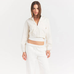 WOVEN COTTON CROPPED ZIP UP JACKET | EGRET
