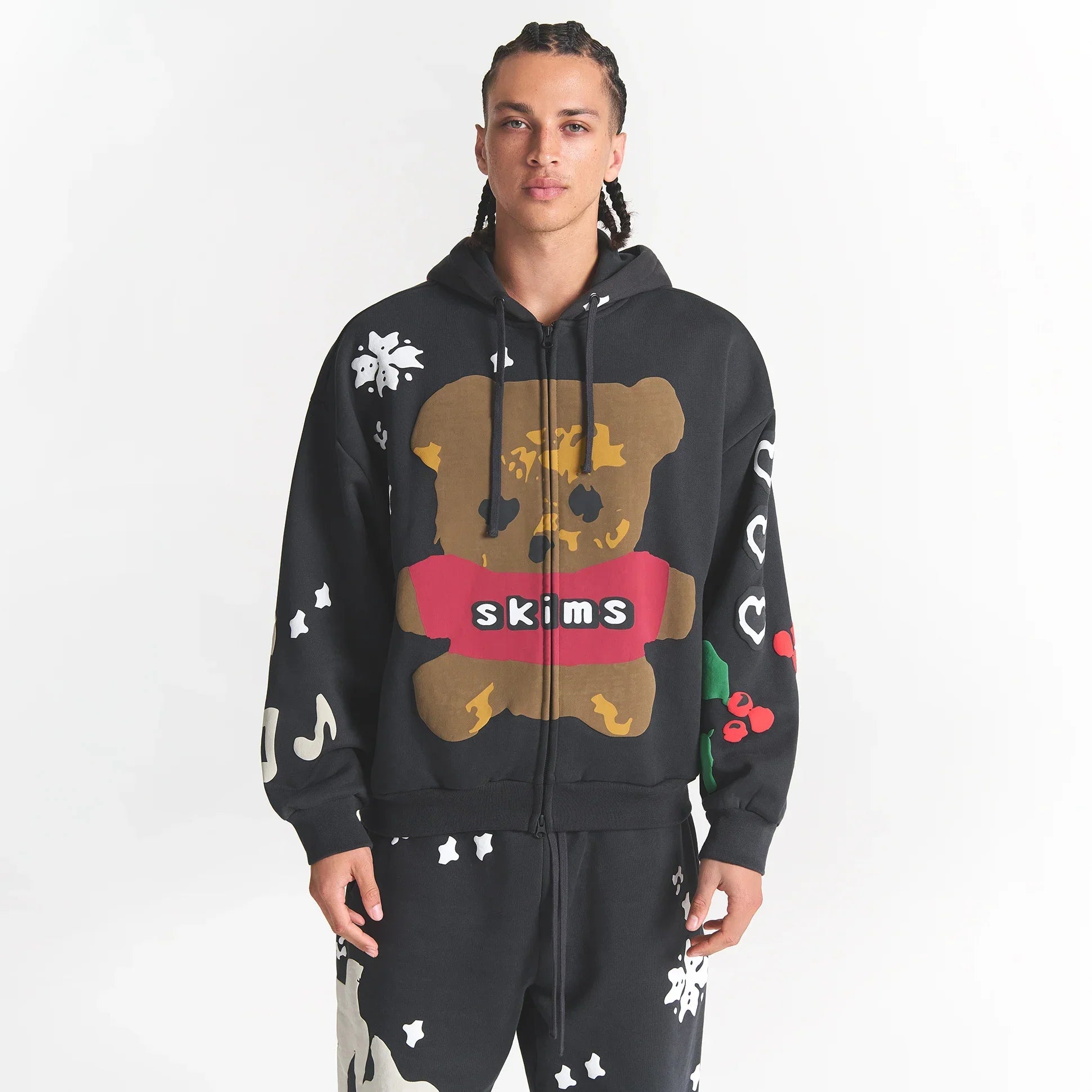 CACTUS PLANT FLEA MARKET X SKIMS HEAVYWEIGHT FLEECE MENS RELAXED ZIP UP HOODIE | ONYX TEDDY BEAR PRINT