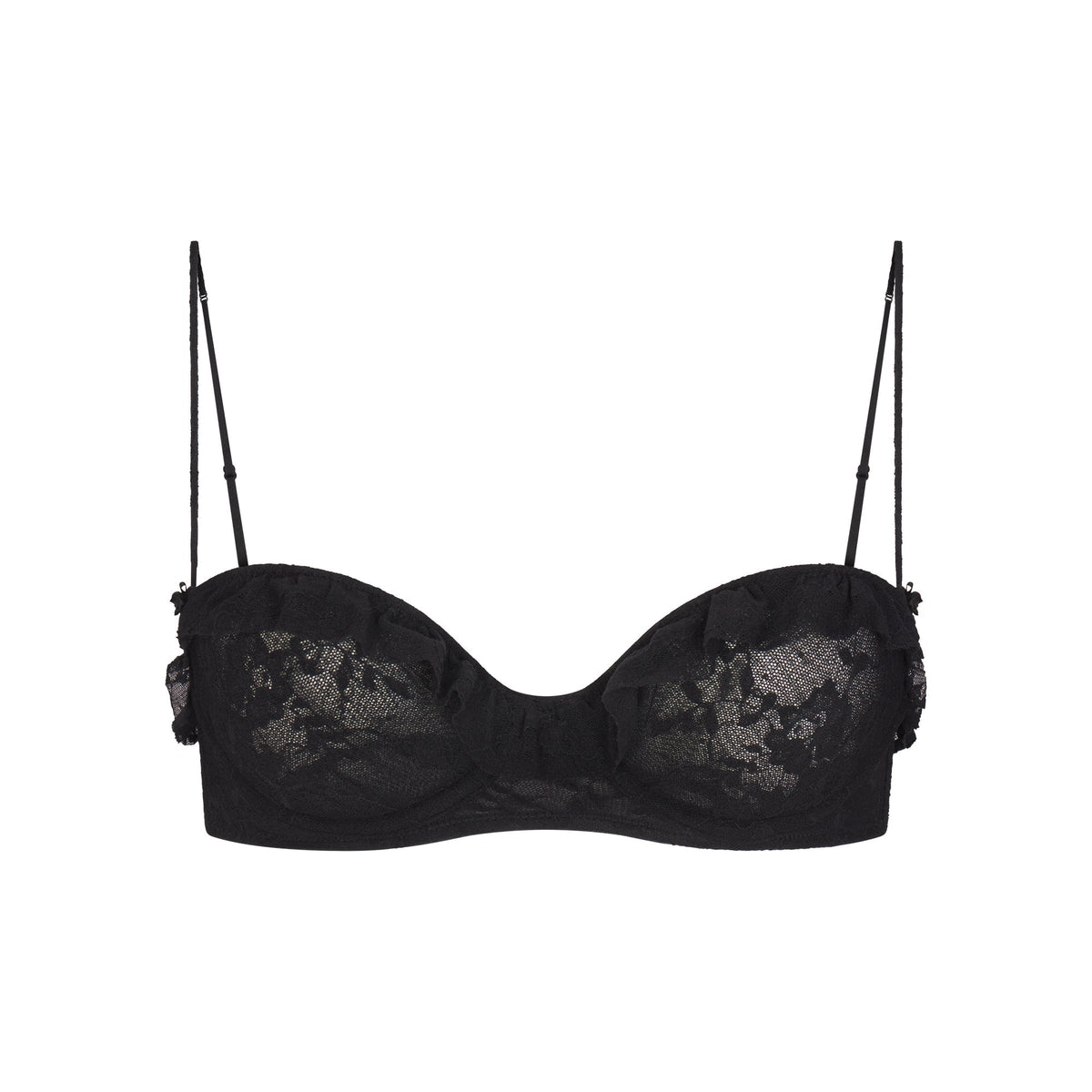 STRETCH LACE RUFFLE UNLINED BRA | SOOT