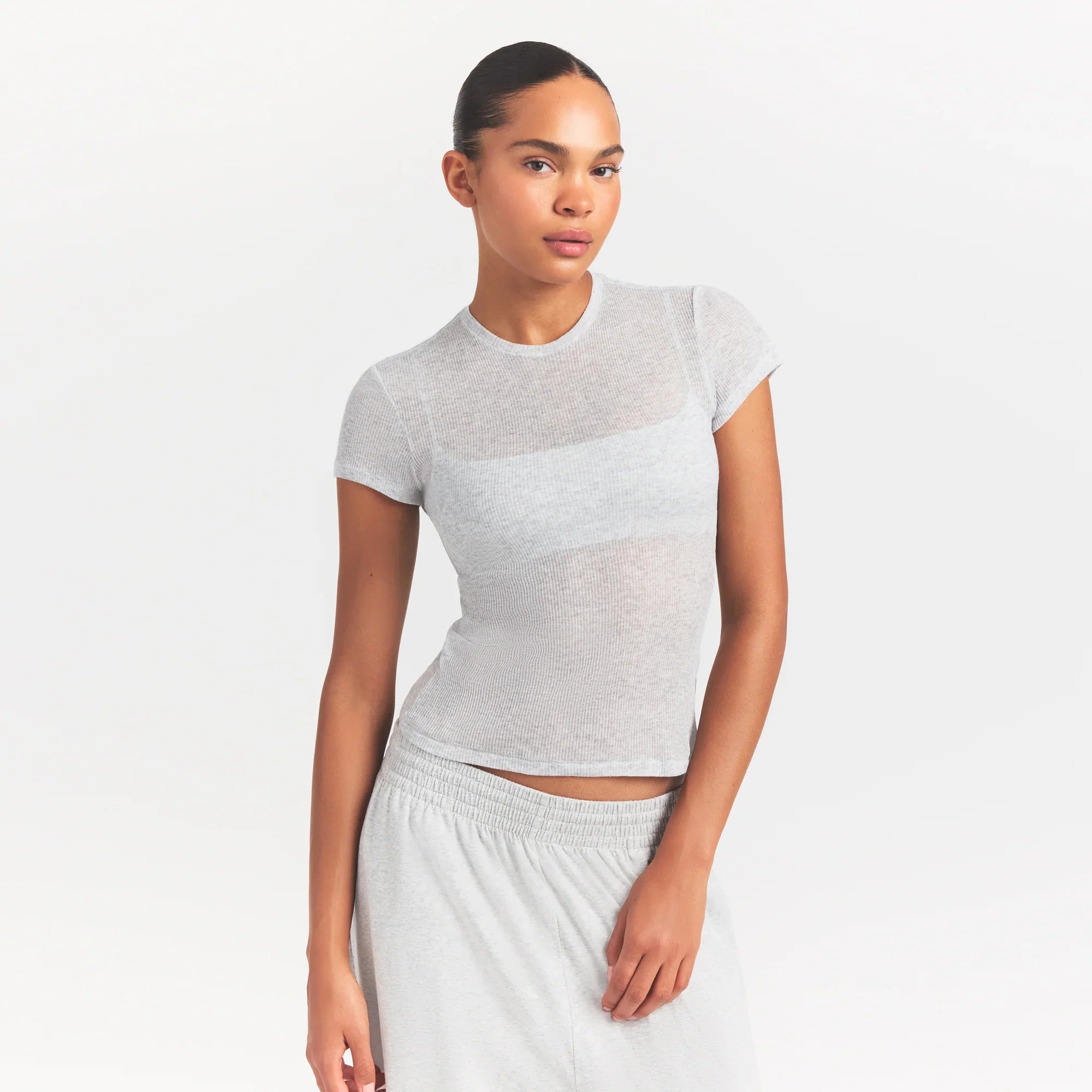 SHEER RIB T-SHIRT | LIGHT HEATHER GREY