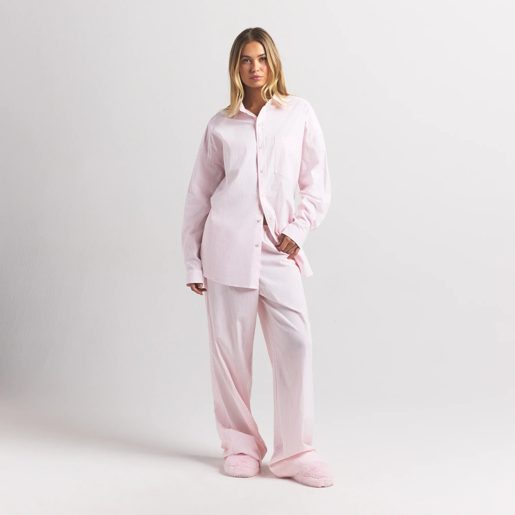 COTTON POPLIN OVERSIZED SLEEP SET | CHERRY BLOSSOM STRIPE