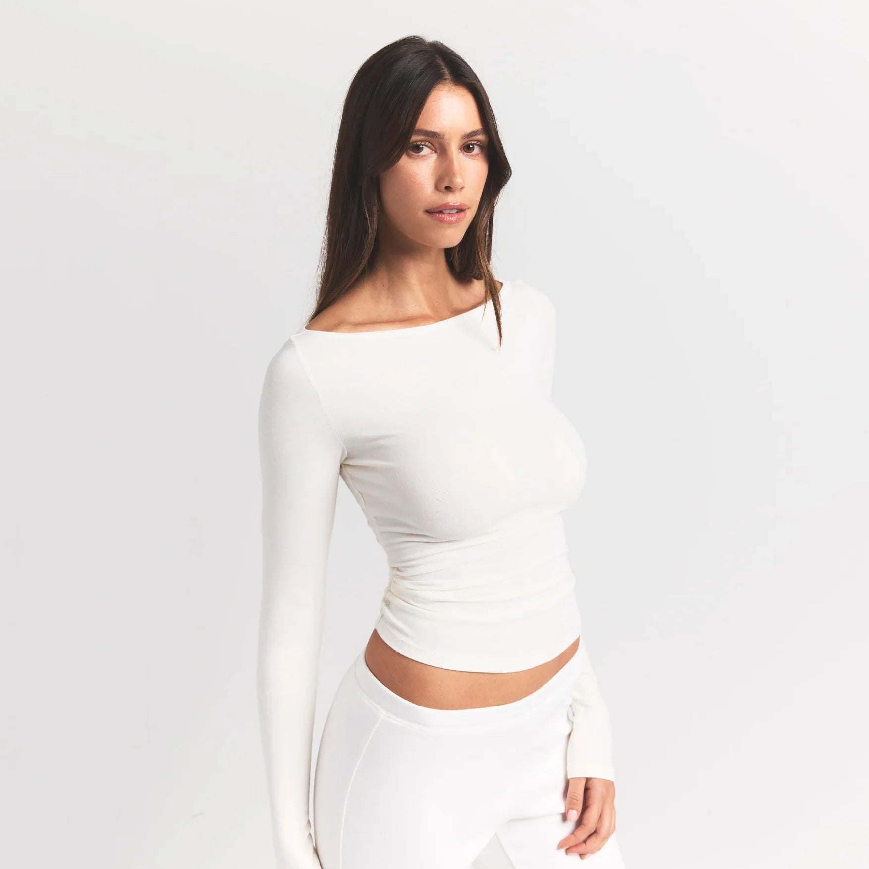 COTTON JERSEY LONG SLEEVE BOATNECK TOP | MARBLE