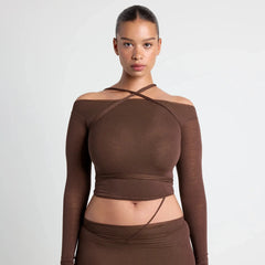 VETTESE X SKIMS SHEER MODAL OFF THE SHOULDER TOP | COCOA