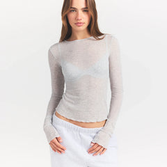 SHEER RIB LONG SLEEVE TOP | LIGHT HEATHER GREY