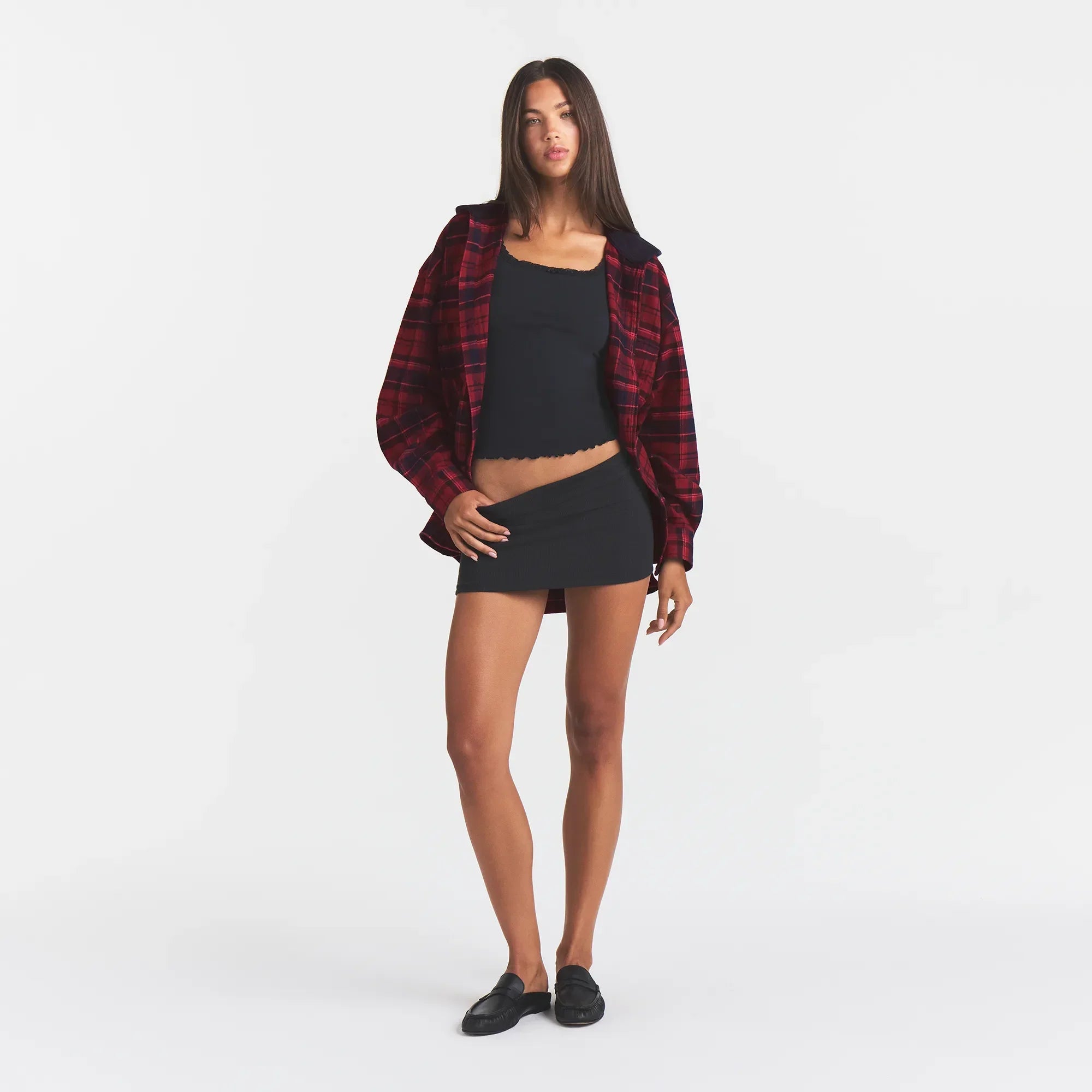 OUTDOOR FLANNEL OVERSIZED HOODED SHIRT | MERLOT CABIN PLAID
