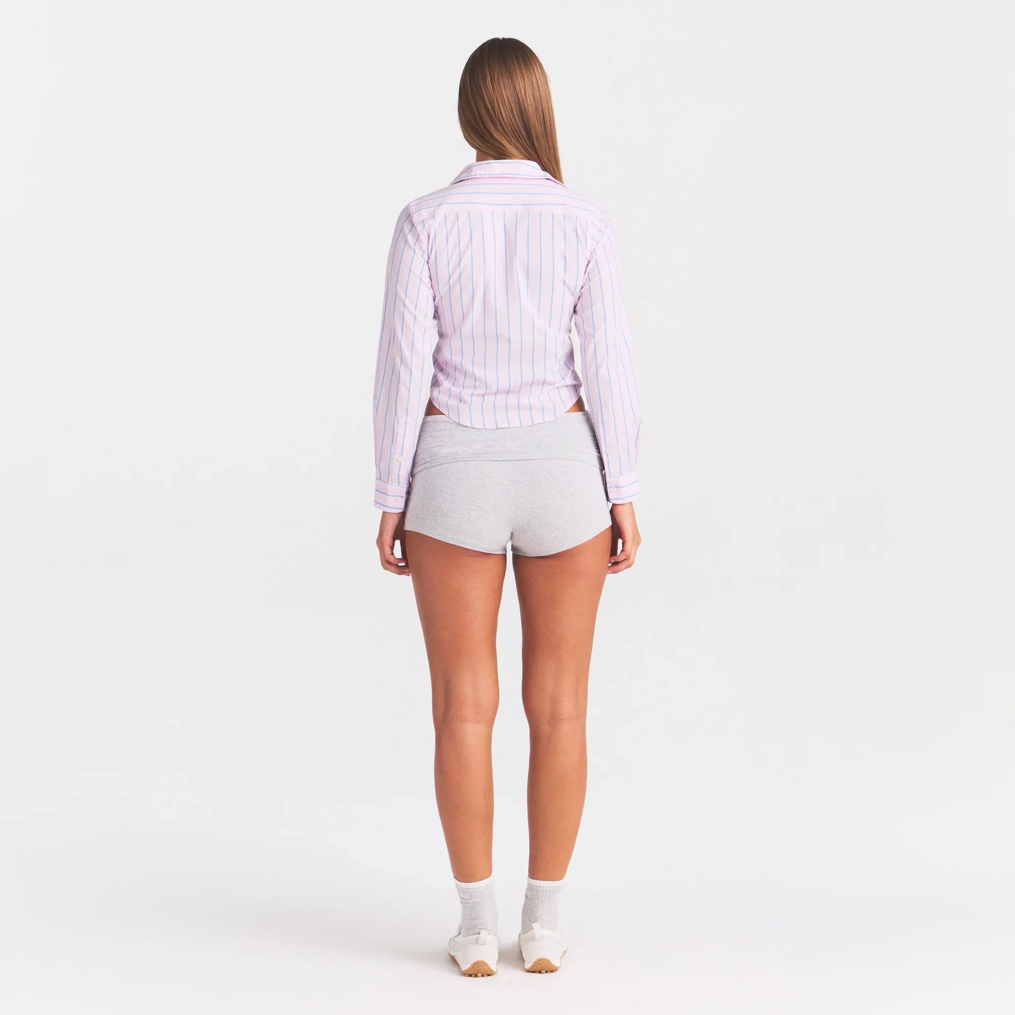 COTTON POPLIN SHRUNKEN BUTTON UP SHIRT | PINK TULLE WIDE STRIPE