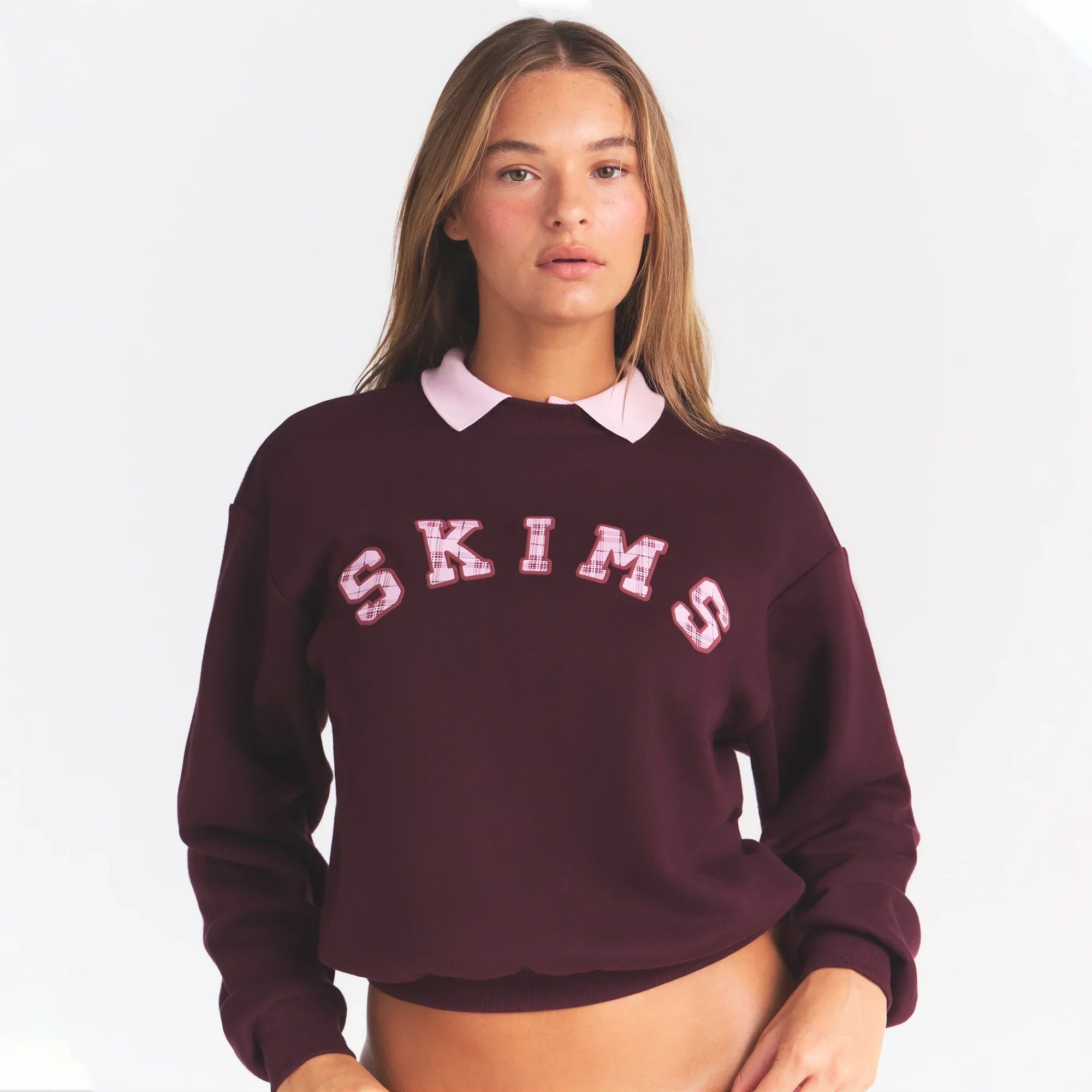 COTTON FLEECE CLASSIC CREWNECK | CURRANT ARCHED SKIMS PLAID