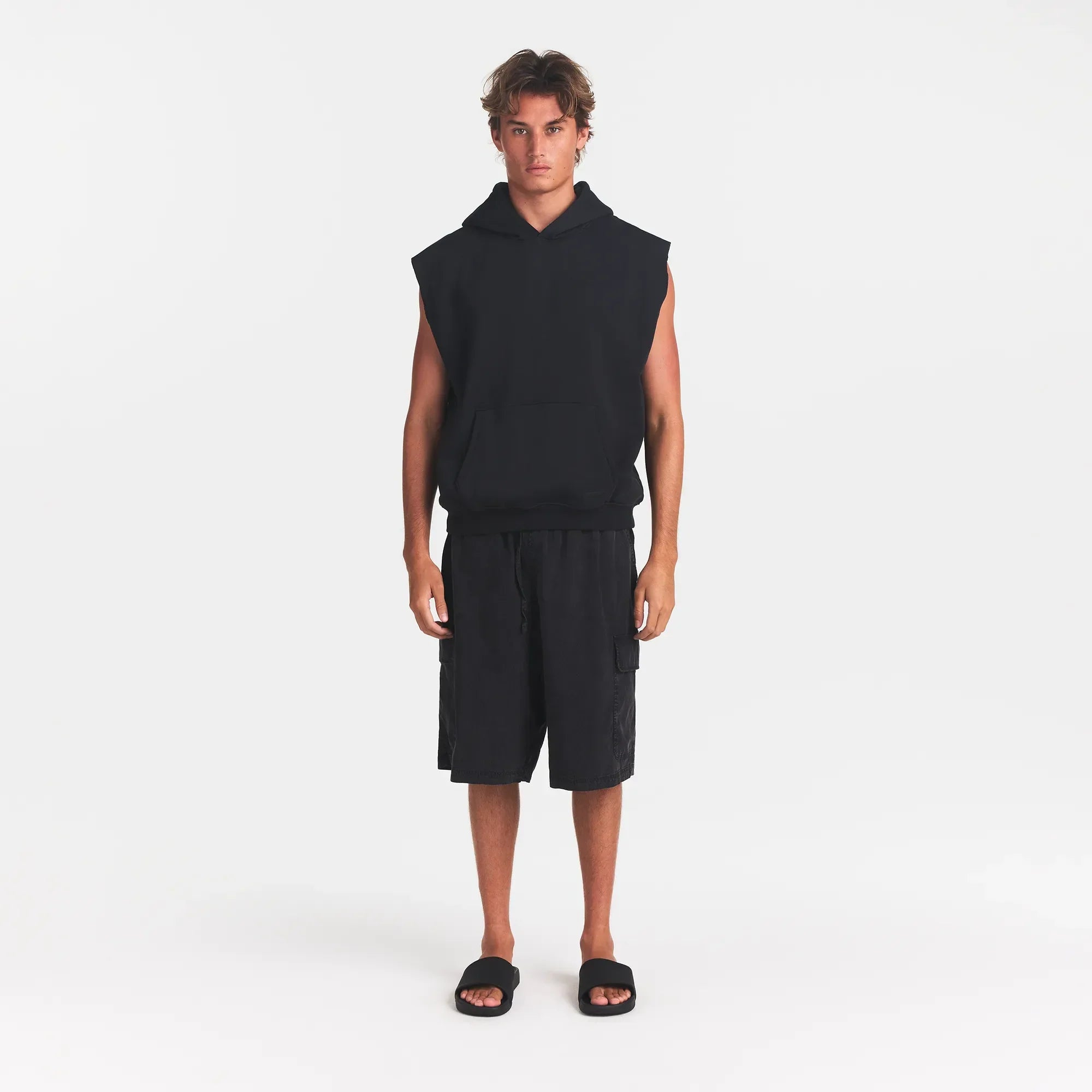 FLEECE LOUNGE MENS SLEEVELESS HOODIE | WASHED ONYX