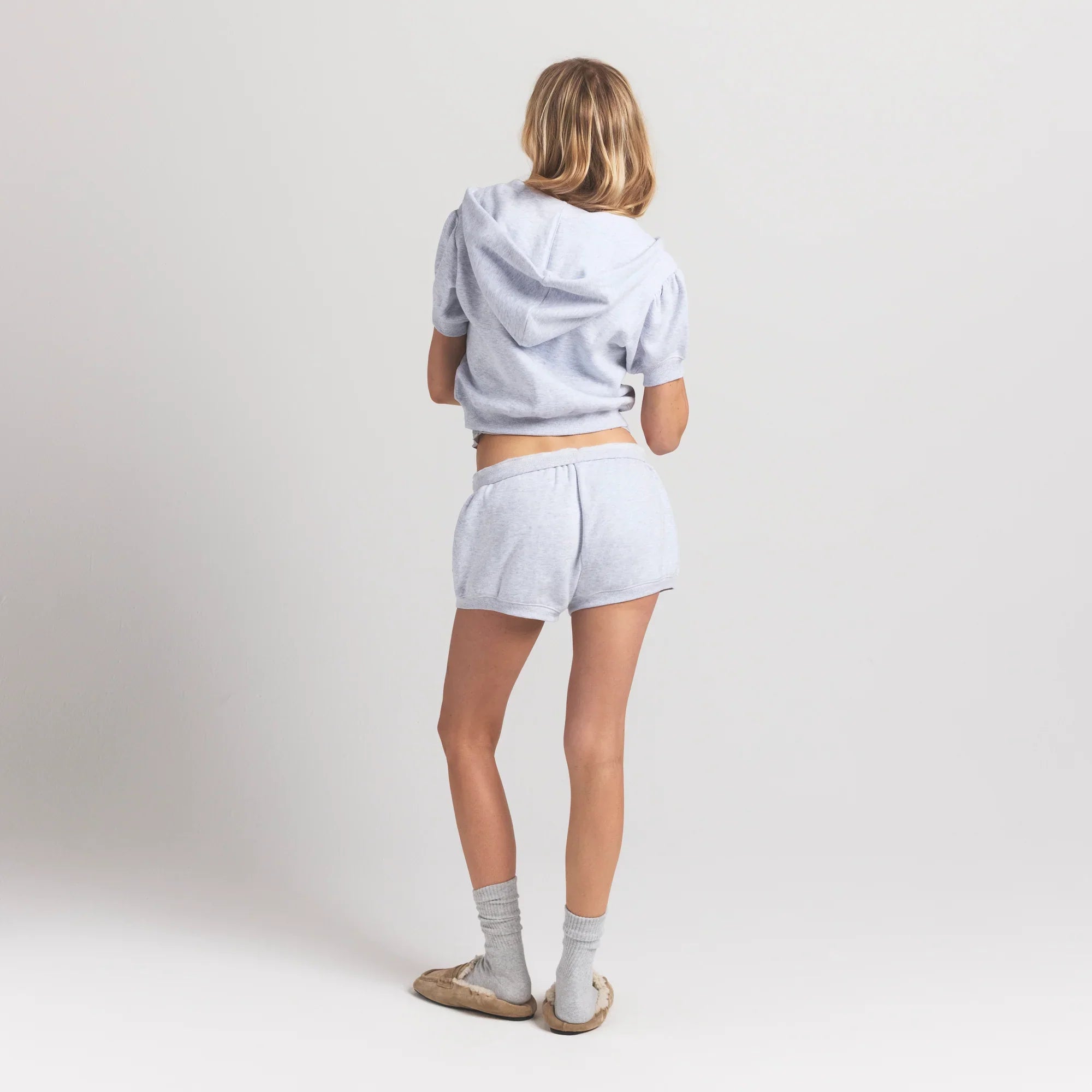 COTTON FLEECE BUBBLE SLEEVE CROPPED ZIP UP | LIGHT HEATHER GREY